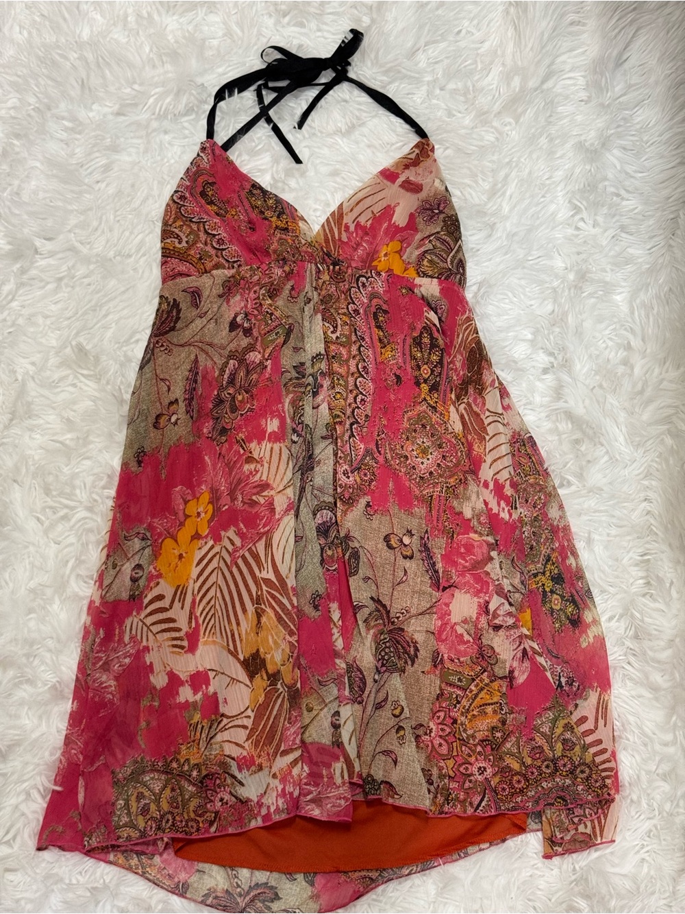 Y2K OXOXO Pink Paisley Halter Babydoll Mini Dress Chiffon Boho Vintage 2000s